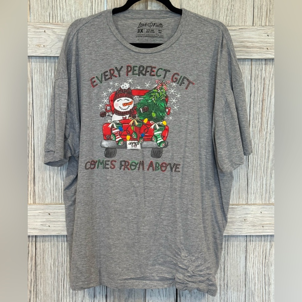 Love for Faith Gray Graphic T-Shirt with Cute Snowman Design sz 3XL